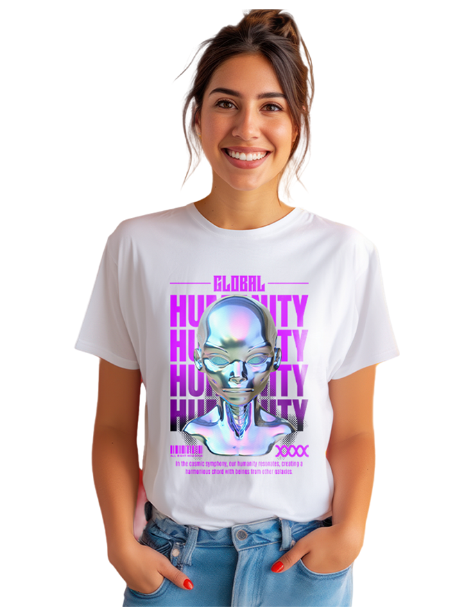 Trendy Women’s Round Neck “Global Humanity” Cotton T-Shirt