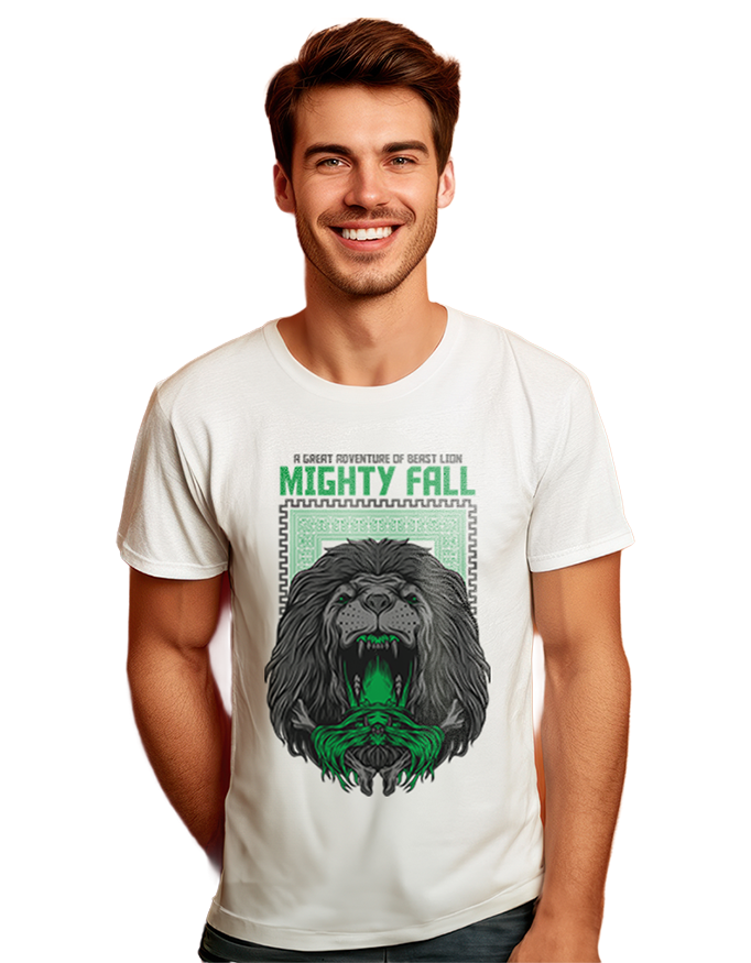 Men's Mighty Fall Graphic T-Shirt – Bold Beast Lion Design, Casual Half Sleeve Tee